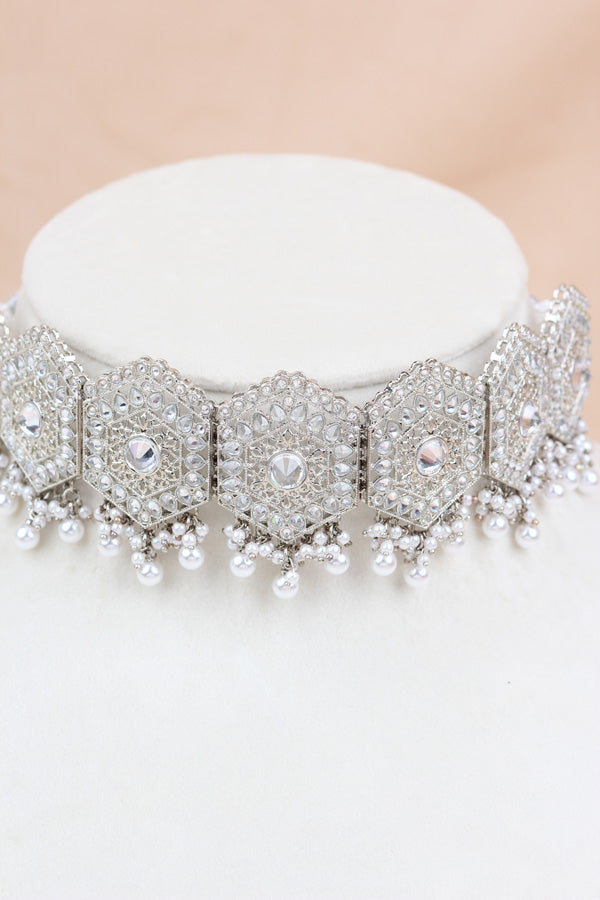 Silver Polish Statement Choker Set With Earrings And Tikka  (CS020-Polki-B3)