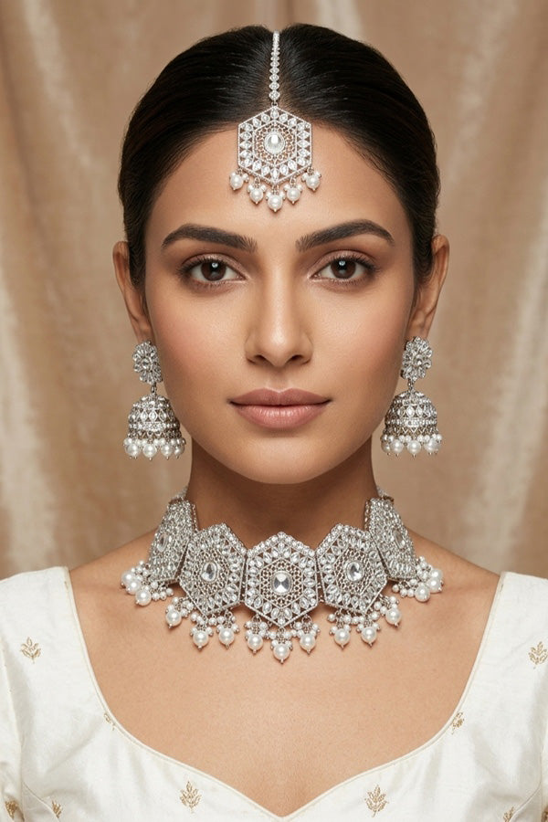Silver Polish Statement Choker Set With Earrings And Tikka  (CS020-Polki-B3)