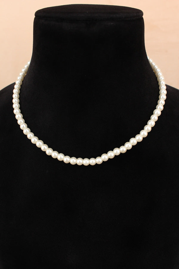 Simple And Single Layer White Pearl Mala Necklace Set With Small Studs (MA004)