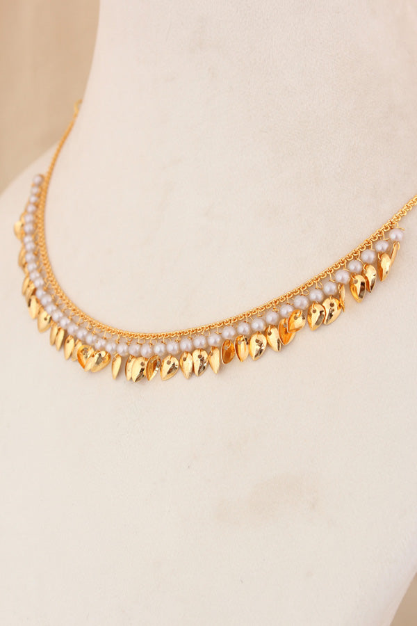 Simple Gold Plated Jadau Necklace Set With Grey Colour Beads With Matching Earrings And Tikka (PJNS011)