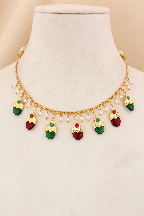Simple Gold Plated Punjabi Jadau Chain With Red And Green Pendants And Small Matching Earrings (PJNS013)