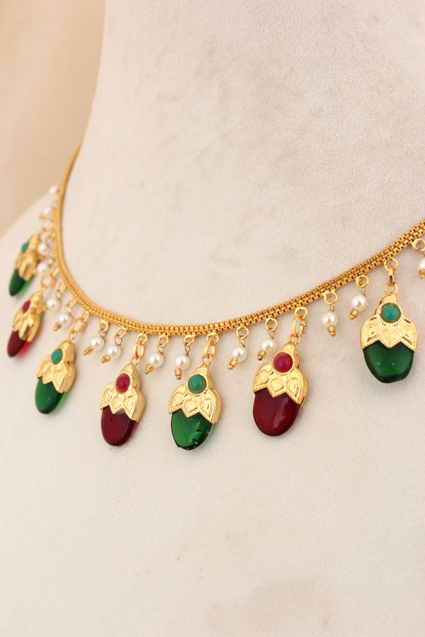 Simple Gold Plated Punjabi Jadau Chain With Red And Green Pendants And Small Matching Earrings (PJNS013)