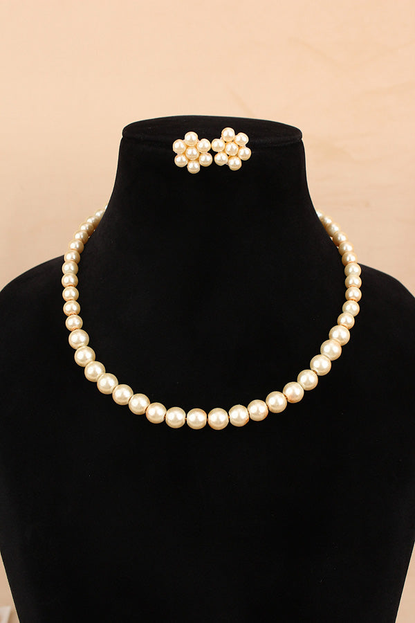 Single Layered Mala Necklace Set With Golden Colour And Small Flower Stud Earrings (MA003)