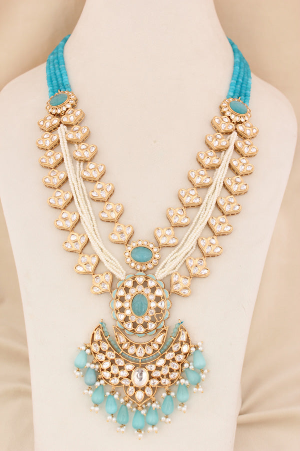 Sky Blue Color Beads Attached With Kundan Long Necklace Set In Details With Pendant Also Large Earrings (LKN004SB-Kundan)