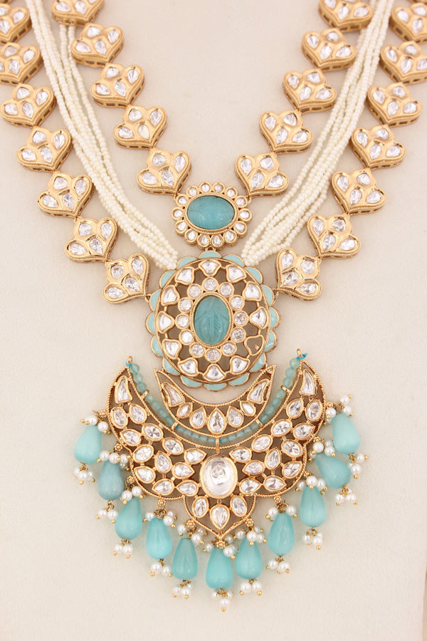 Sky Blue Color Beads Attached With Kundan Long Necklace Set In Details With Pendant Also Large Earrings (LKN004SB-Kundan)