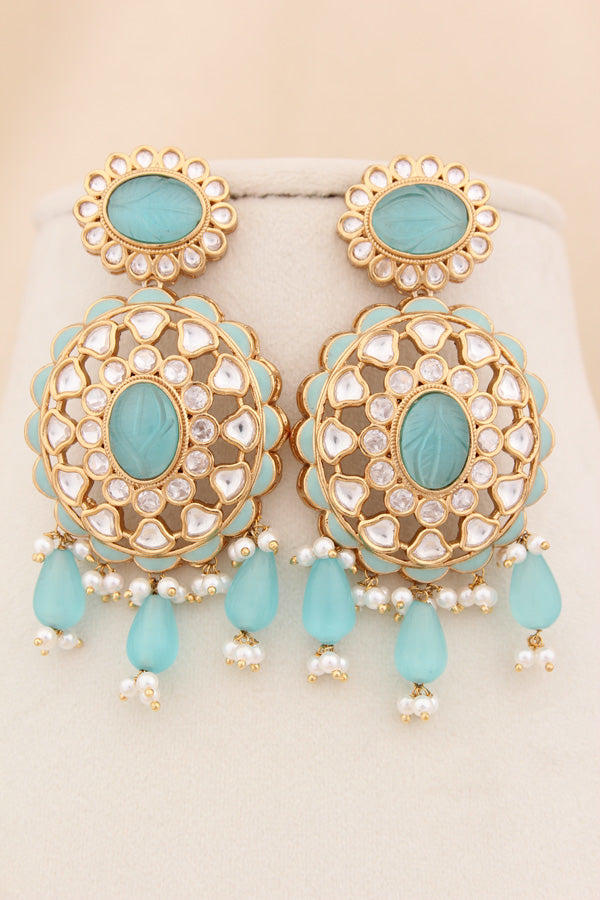 Sky Blue Color Beads Attached With Kundan Long Necklace Set In Details With Pendant Also Large Earrings (LKN004SB-Kundan)