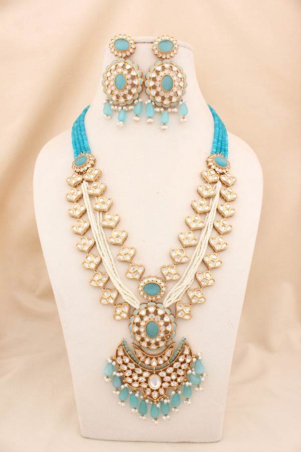 Sky Blue Color Beads Attached With Kundan Long Necklace Set In Details With Pendant Also Large Earrings (LKN004SB-Kundan)