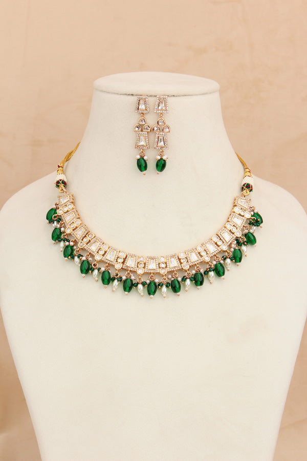 Small And Elegant Quality Kundan Necklace Set With Green Pearls And Small Earrings (NKS036-G)