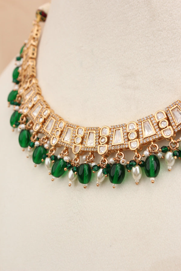 Small And Elegant Quality Kundan Necklace Set With Green Pearls And Small Earrings (NKS036-G)
