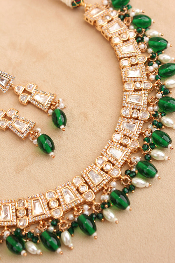 Small And Elegant Quality Kundan Necklace Set With Green Pearls And Small Earrings (NKS036-G)