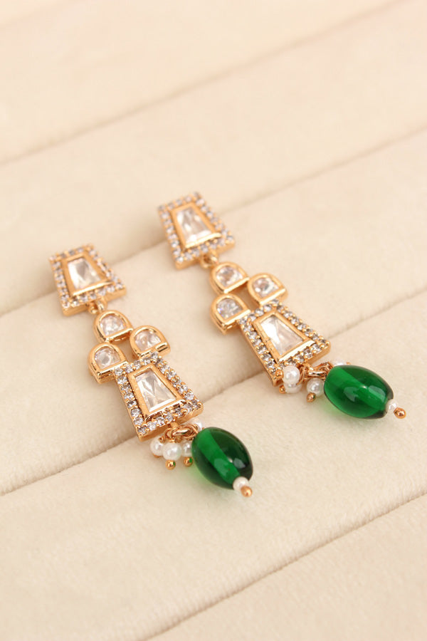Small And Elegant Quality Kundan Necklace Set With Green Pearls And Small Earrings (NKS036-G)