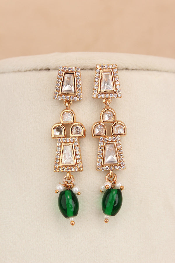 Small And Elegant Quality Kundan Necklace Set With Green Pearls And Small Earrings (NKS036-G)