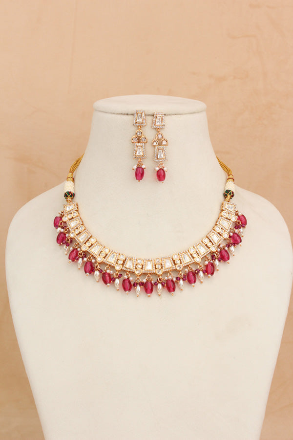 Small And Elegant Quality Kundan Necklace Set With Red Pearls And Small Earrings (NKS036-R)