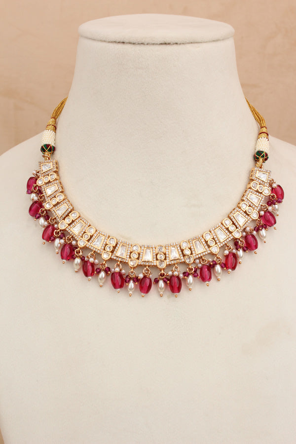 Small And Elegant Quality Kundan Necklace Set With Red Pearls And Small Earrings (NKS036-R)