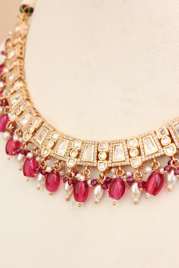Small And Elegant Quality Kundan Necklace Set With Red Pearls And Small Earrings (NKS036-R)