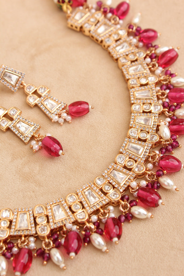 Small And Elegant Quality Kundan Necklace Set With Red Pearls And Small Earrings (NKS036-R)
