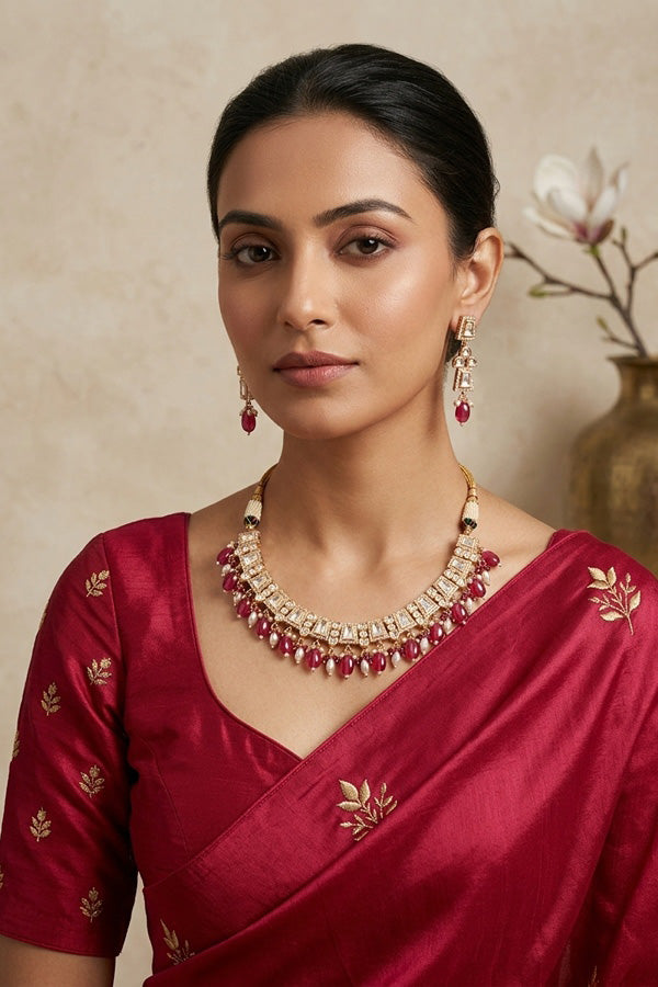 Small And Elegant Quality Kundan Necklace Set With Red Pearls And Small Earrings (NKS036-R)