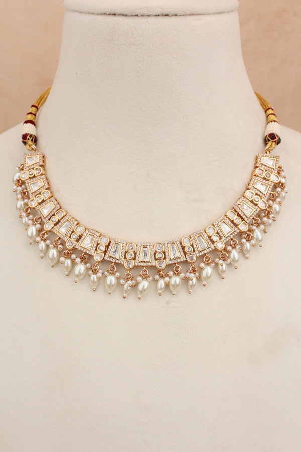 Small And Elegant Quality Kundan Necklace Set With White Pearls And Small Earrings (NKS036-W)