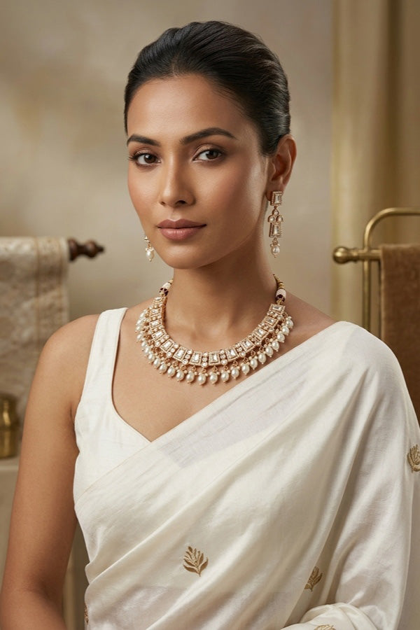 Small And Elegant Quality Kundan Necklace Set With White Pearls And Small Earrings (NKS036-W)