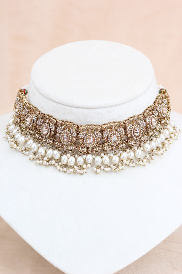 Gold Small Statement Choker With Pearls Attached With Matching Earrings And Tikka  (CS018-GO-Polki-B3)