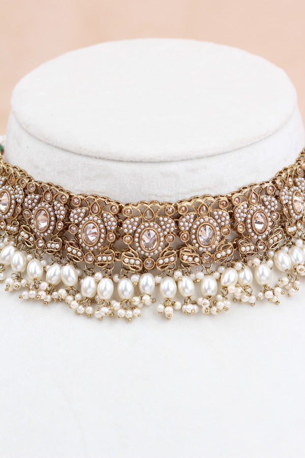 Gold Small Statement Choker With Pearls Attached With Matching Earrings And Tikka  (CS018-GO-Polki-B3)