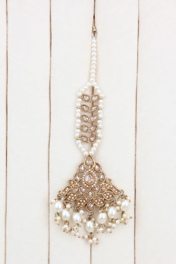 Gold Small Statement Choker With Pearls Attached With Matching Earrings And Tikka  (CS018-GO-Polki-B3)