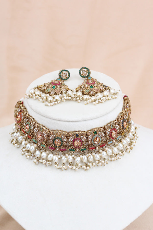 Multi Color Small Statement Choker With Pearls Attached With Matching Earrings And Tikka  (CS018-MU-Polki-B3)