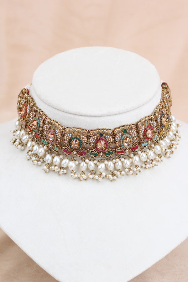 Multi Color Small Statement Choker With Pearls Attached With Matching Earrings And Tikka  (CS018-MU-Polki-B3)