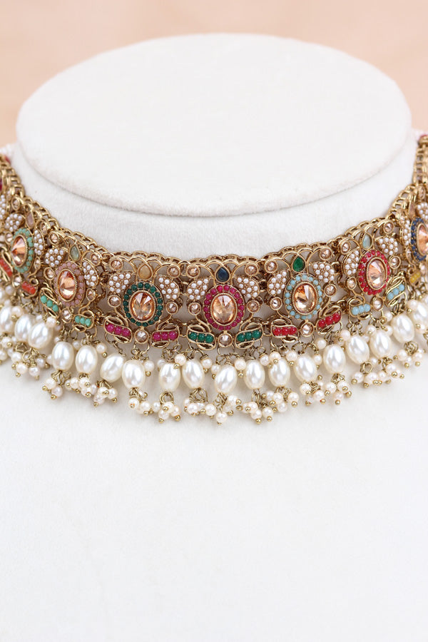 Multi Color Small Statement Choker With Pearls Attached With Matching Earrings And Tikka  (CS018-MU-Polki-B3)