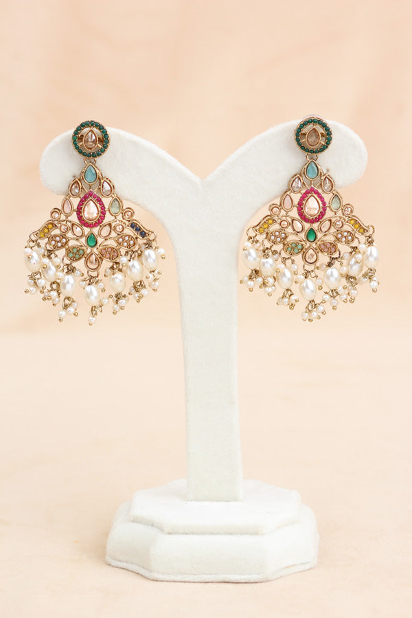 Multi Color Small Statement Choker With Pearls Attached With Matching Earrings And Tikka  (CS018-MU-Polki-B3)