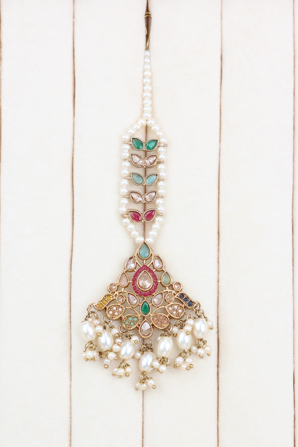 Multi Color Small Statement Choker With Pearls Attached With Matching Earrings And Tikka  (CS018-MU-Polki-B3)