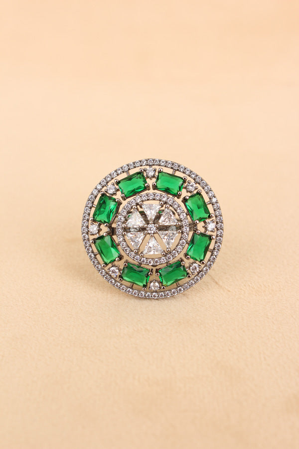Sparkling American Diamond Adjustable Ring With Green Colour Stones (ADR009-G)