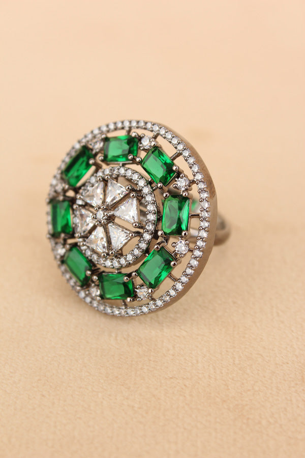 Sparkling American Diamond Adjustable Ring With Green Colour Stones (ADR009-G)