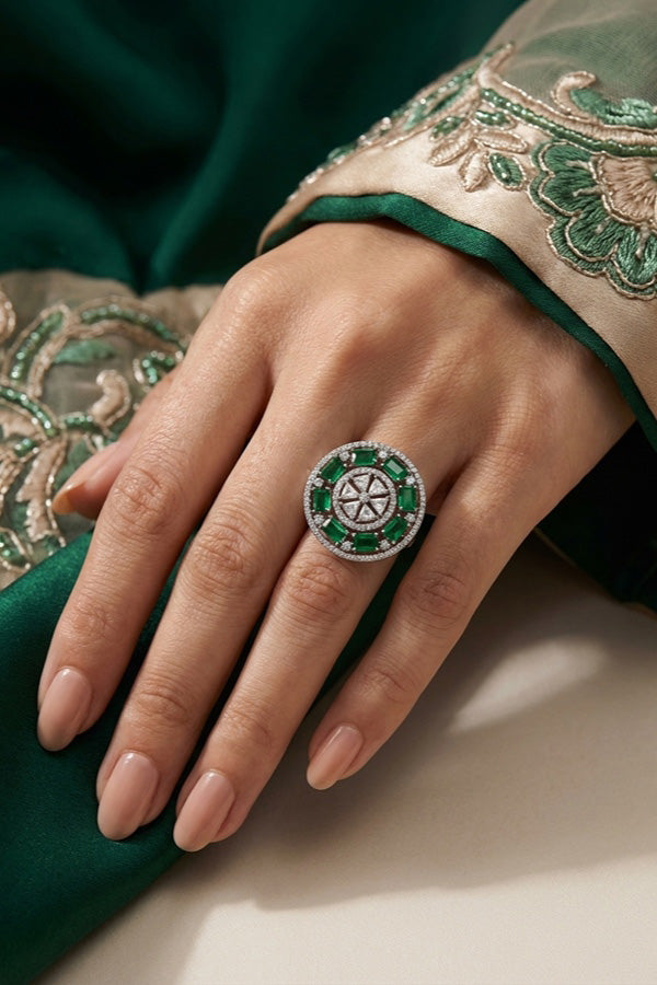 Sparkling American Diamond Adjustable Ring With Green Colour Stones (ADR009-G)