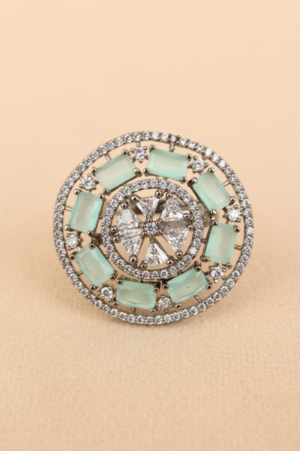 Sparkling American Diamond Adjustable Ring With Mint Green Colour Stones In Black Polish (ADR009-MG)