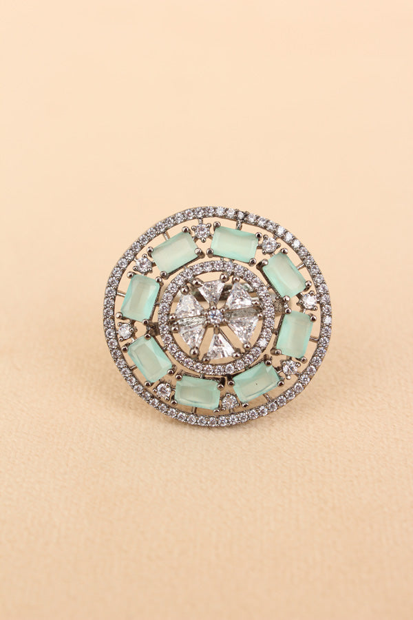 Sparkling American Diamond Adjustable Ring With Mint Green Colour Stones In Black Polish (ADR009-MG)