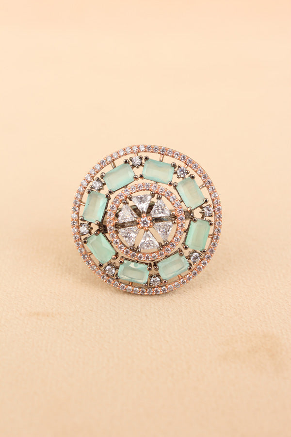 Sparkling American Diamond Adjustable Ring With Mint Green Colour Stones In Rose Gold Polish (ADR009-RMG)