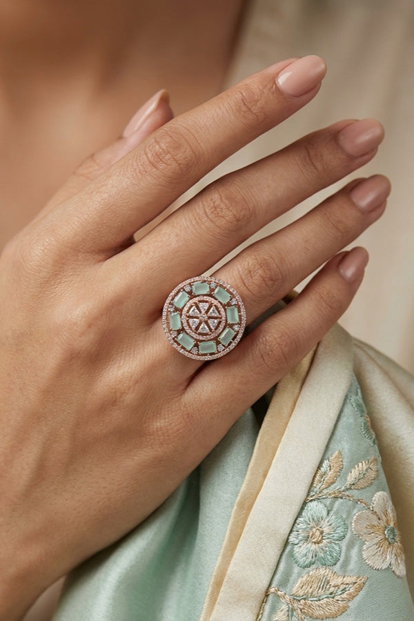 Sparkling American Diamond Adjustable Ring With Mint Green Colour Stones In Rose Gold Polish (ADR009-RMG)