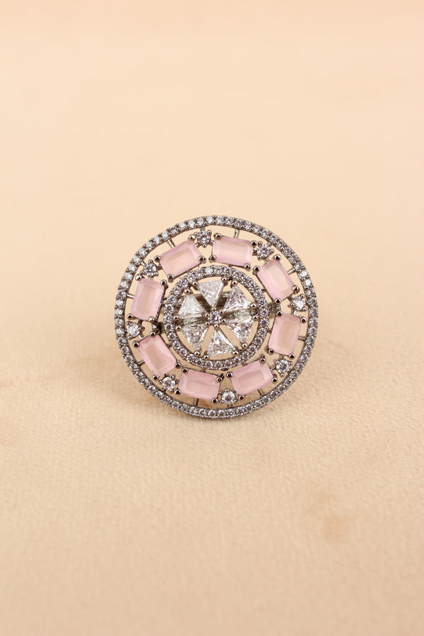 Sparkling American Diamond Adjustable Ring With Pink Colour Stones (ADR009-P)