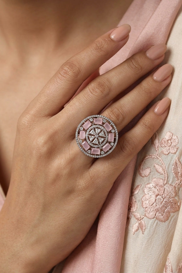 Sparkling American Diamond Adjustable Ring With Pink Colour Stones (ADR009-P)