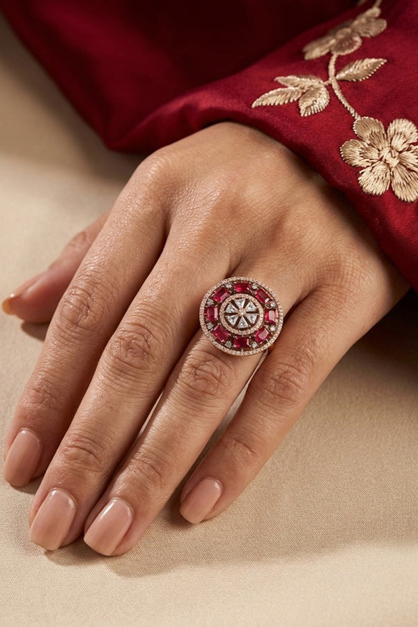Sparkling American Diamond Adjustable Ring With Red Colour Stones (ADR009-R)