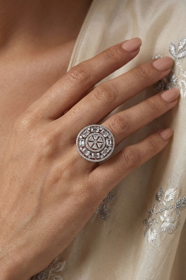 Sparkling American Diamond Adjustable Ring With Silver Colour Stones (ADR009-S)