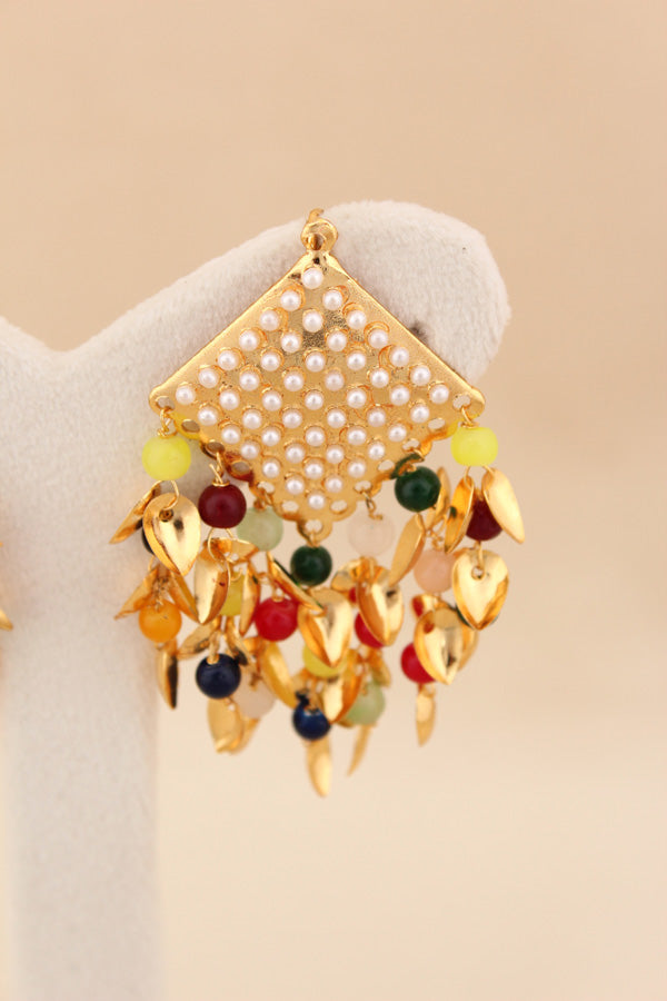 Square Shape Punjabi Jadau Earring With Multi Colour Beads Attached  (PJE001)