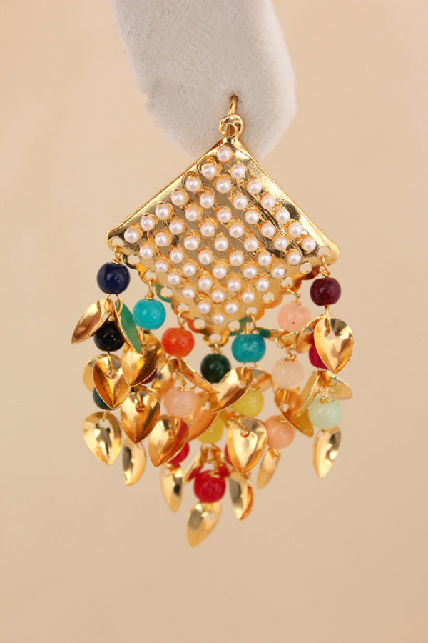 Square Shape Punjabi Jadau Earring With Multi Colour Beads Attached  (PJE001)