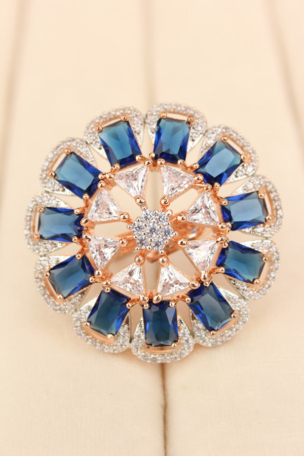 Statement Adjustable American Diamond Ring With Flower Design And Blue Stones (ADR002-B)