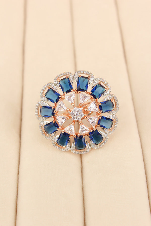 Statement Adjustable American Diamond Ring With Flower Design And Blue Stones (ADR002-B)