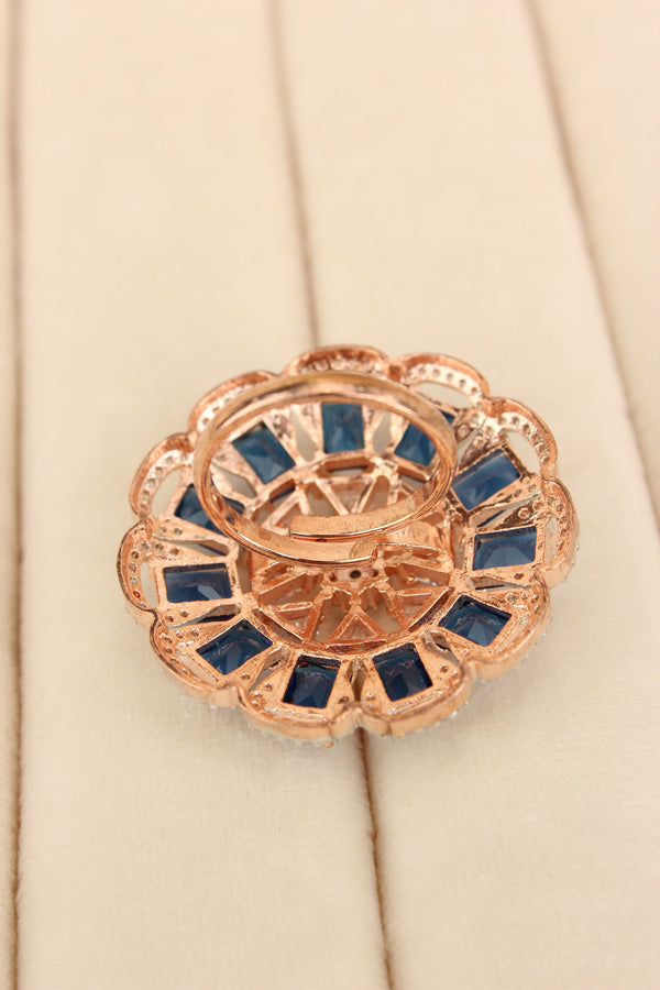 Statement Adjustable American Diamond Ring With Flower Design And Blue Stones (ADR002-B)
