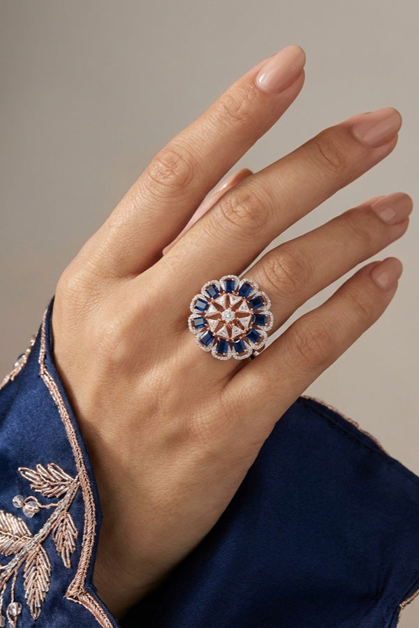 Statement Adjustable American Diamond Ring With Flower Design And Blue Stones (ADR002-B)