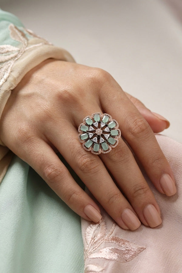 Statement Adjustable American Diamond Ring With Flower Design And Mint Green Stones (ADR002-BMG)