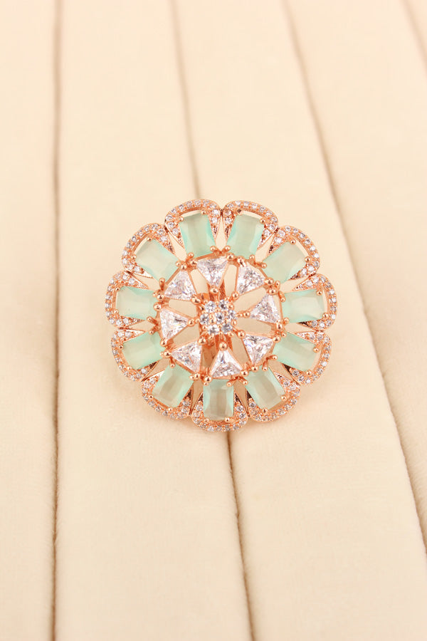 Statement Adjustable American Diamond Ring With Flower Design And Mint Green Stones (ADR002-MG)